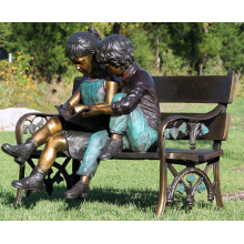 decoración de jardín al aire libre niños de metal sentado escultura de banco de bronce